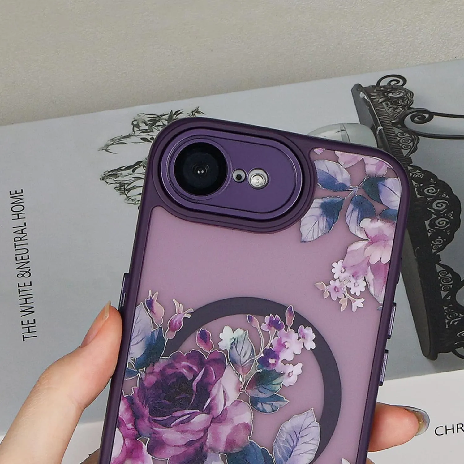 Compatible with iPhone 16E Magnetic Matte Translucent Black Case,Cute Flower Pattern Hard Back Cover and Luxury Shockproof Magnetic iPhone 16E Case for Women Girl-Purple Flowers