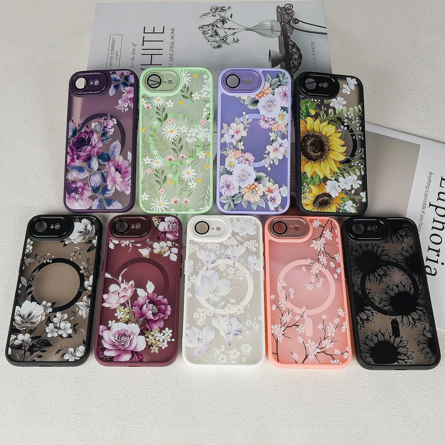Compatible with iPhone 16E Magnetic Matte Translucent Black Case,Cute Flower Pattern Hard Back Cover and Luxury Shockproof Magnetic iPhone 16E Case for Women Girl-Purple Flowers