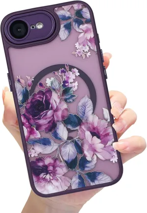 Compatible with iPhone 16E Magnetic Matte Translucent Black Case,Cute Flower Pattern Hard Back Cover and Luxury Shockproof Magnetic iPhone 16E Case for Women Girl-Purple Flowers