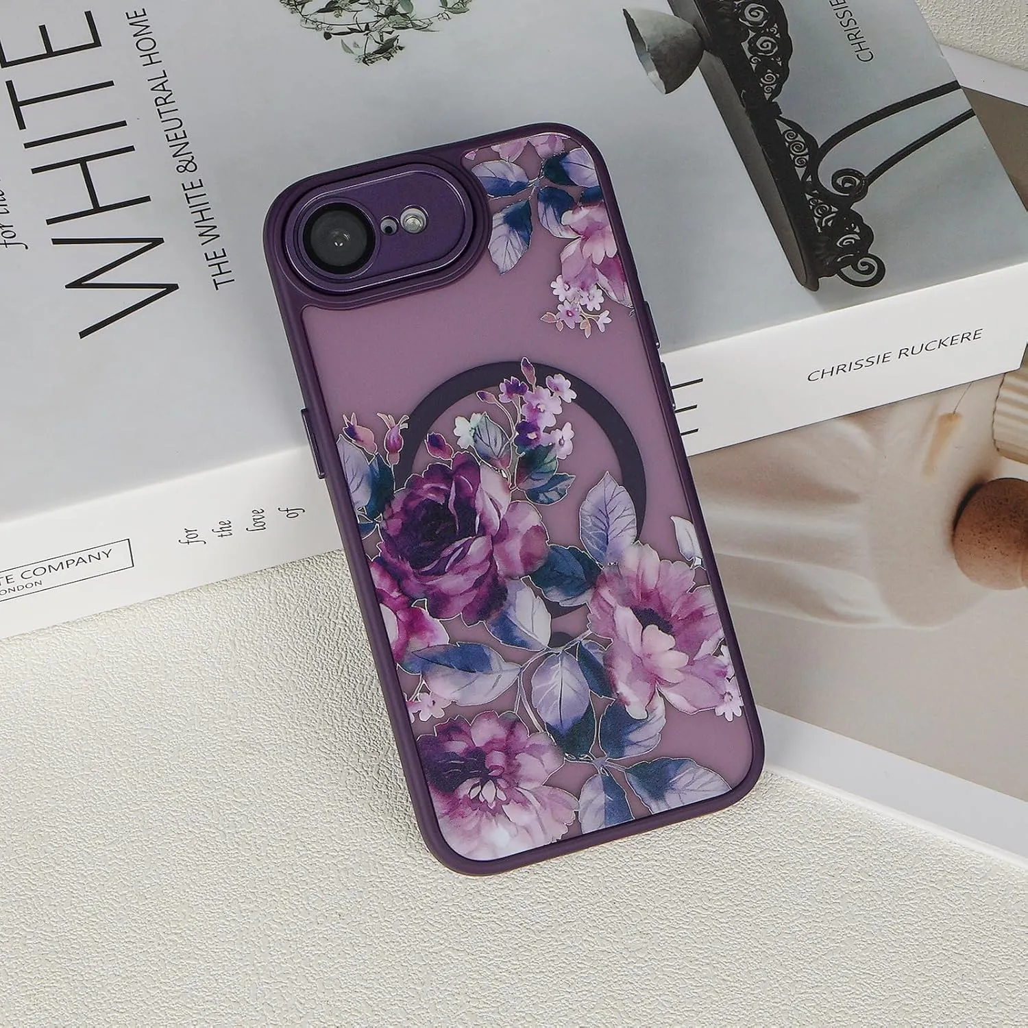 Compatible with iPhone 16E Magnetic Matte Translucent Black Case,Cute Flower Pattern Hard Back Cover and Luxury Shockproof Magnetic iPhone 16E Case for Women Girl-Purple Flowers