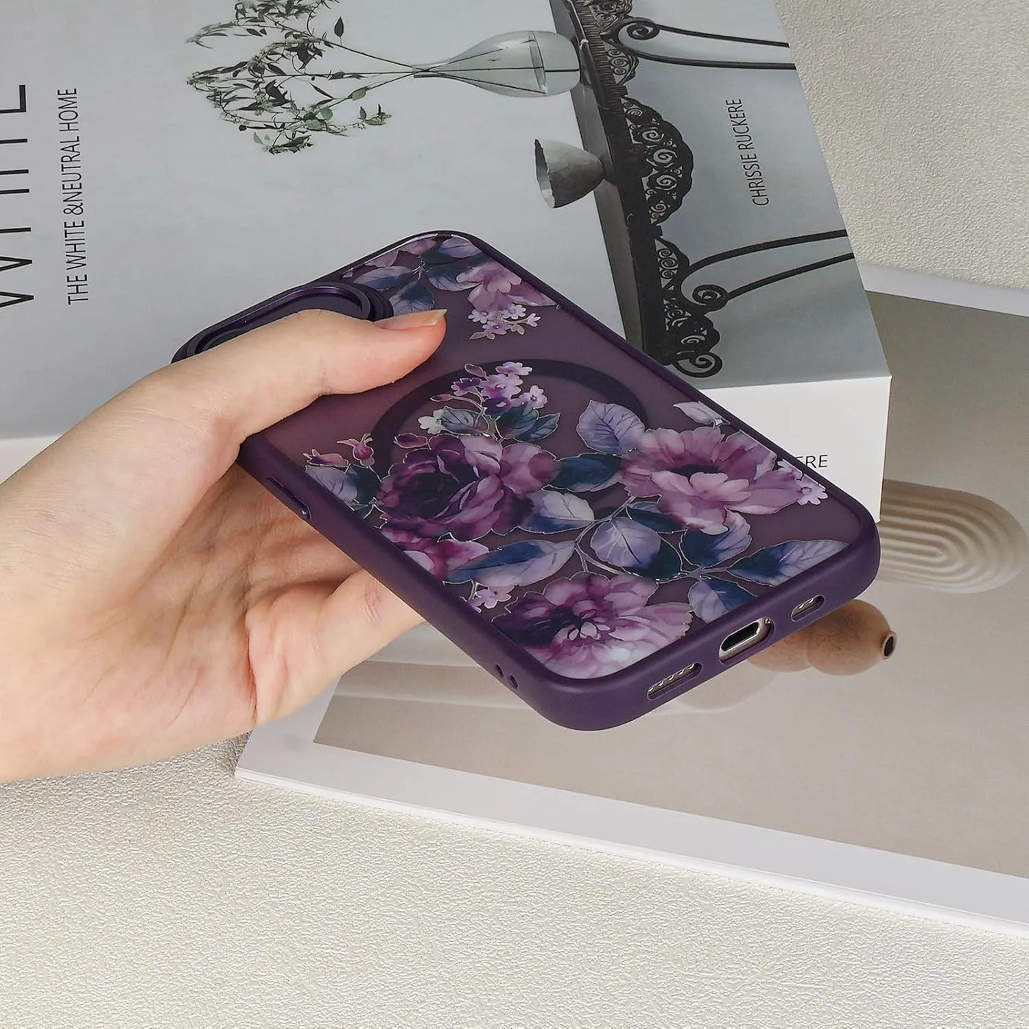 Compatible with iPhone 16E Magnetic Matte Translucent Black Case,Cute Flower Pattern Hard Back Cover and Luxury Shockproof Magnetic iPhone 16E Case for Women Girl-Purple Flowers