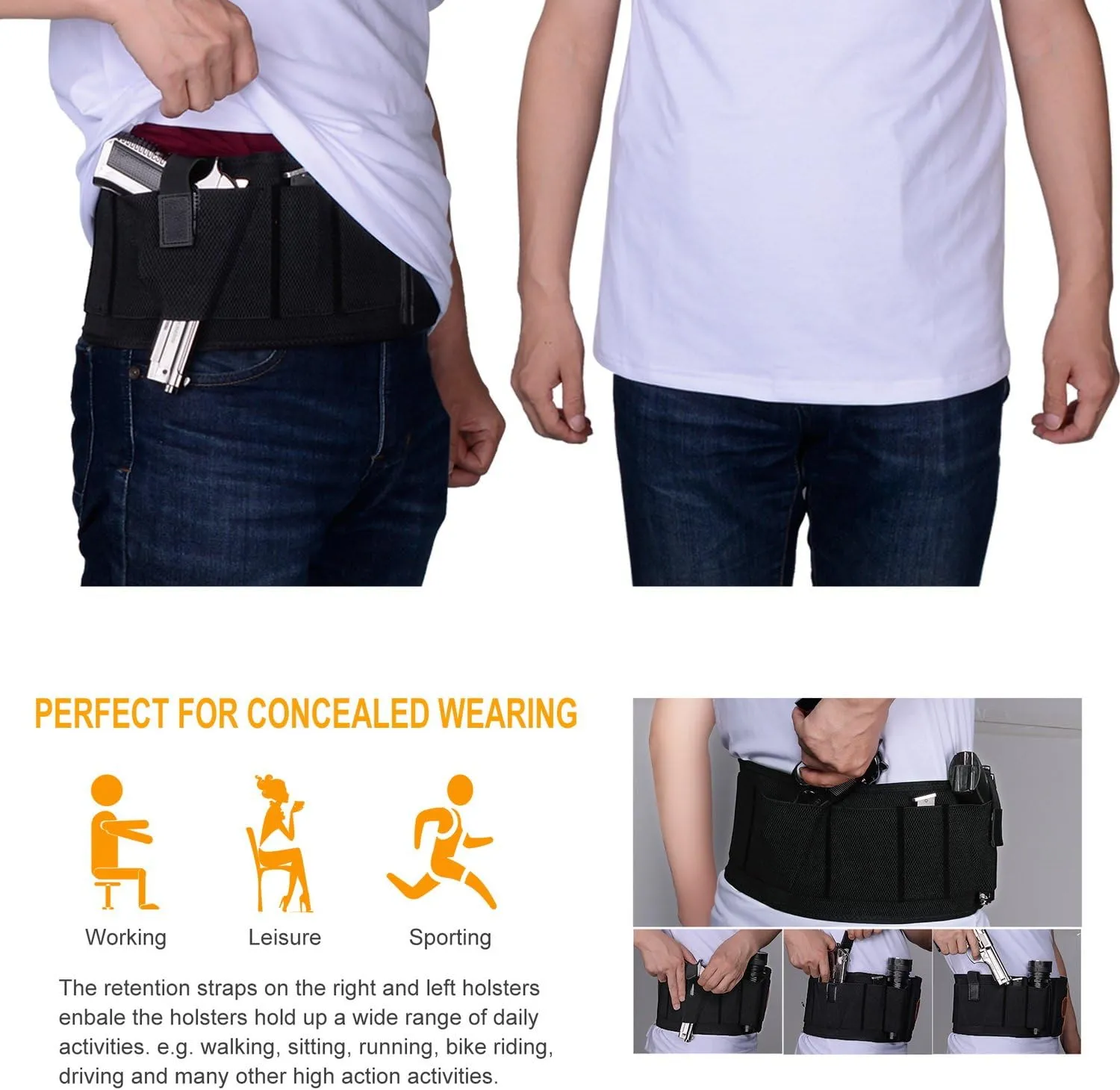 Concealed Carry Holster,Fullmosa Mi Belly Band Holster for Handgun, Hand Gun, Pistol, Waistband IWB Holster with 4 Mag Pouches fit Glock,Ruger,SIG SAUER