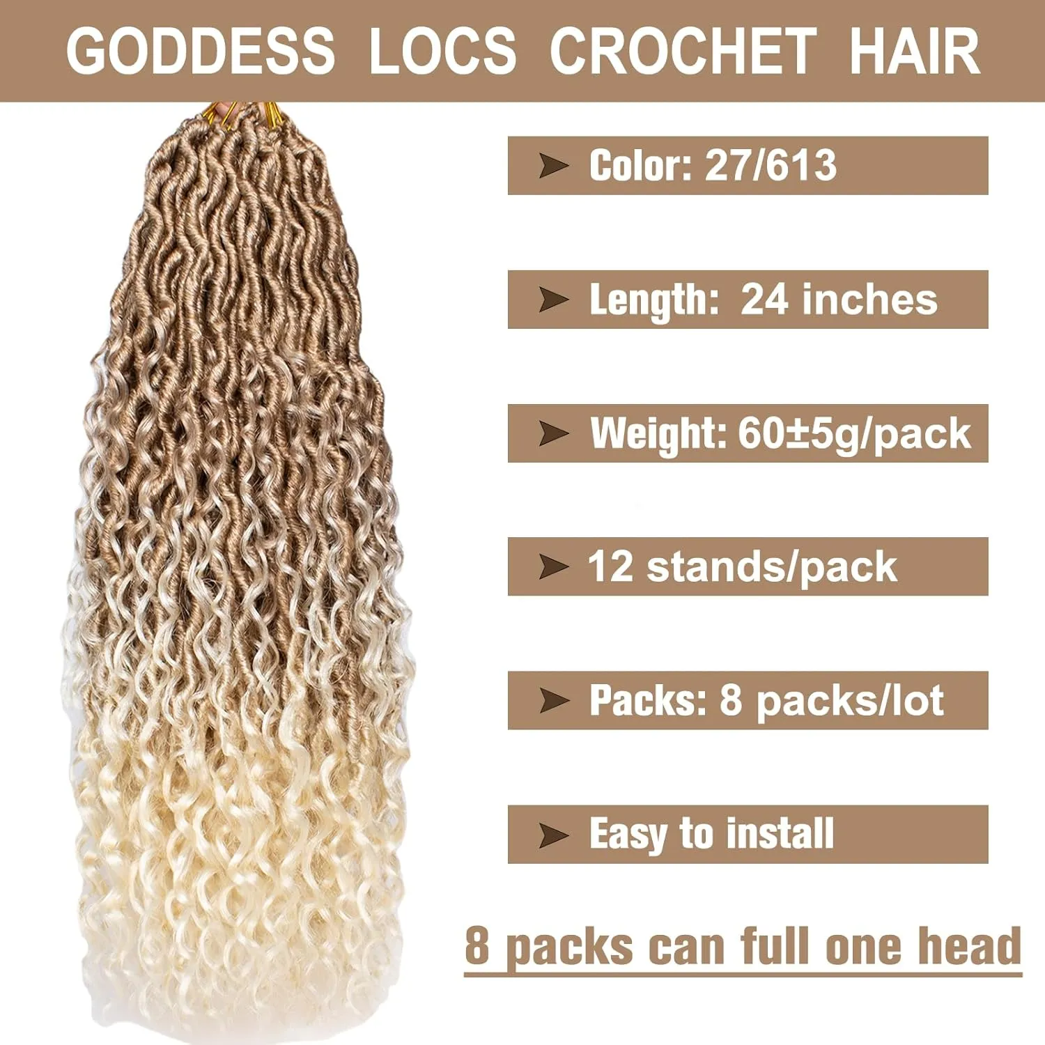 COOKOO 24 Inch Goddess Locs Crochet Hair 8 Packs Blonde Faux Locs Crochet Hair for Black Women Pre Looped River Locs Crochet Hair with Curls Bohemian Locs Synthetic Hair Extensions 27/613#