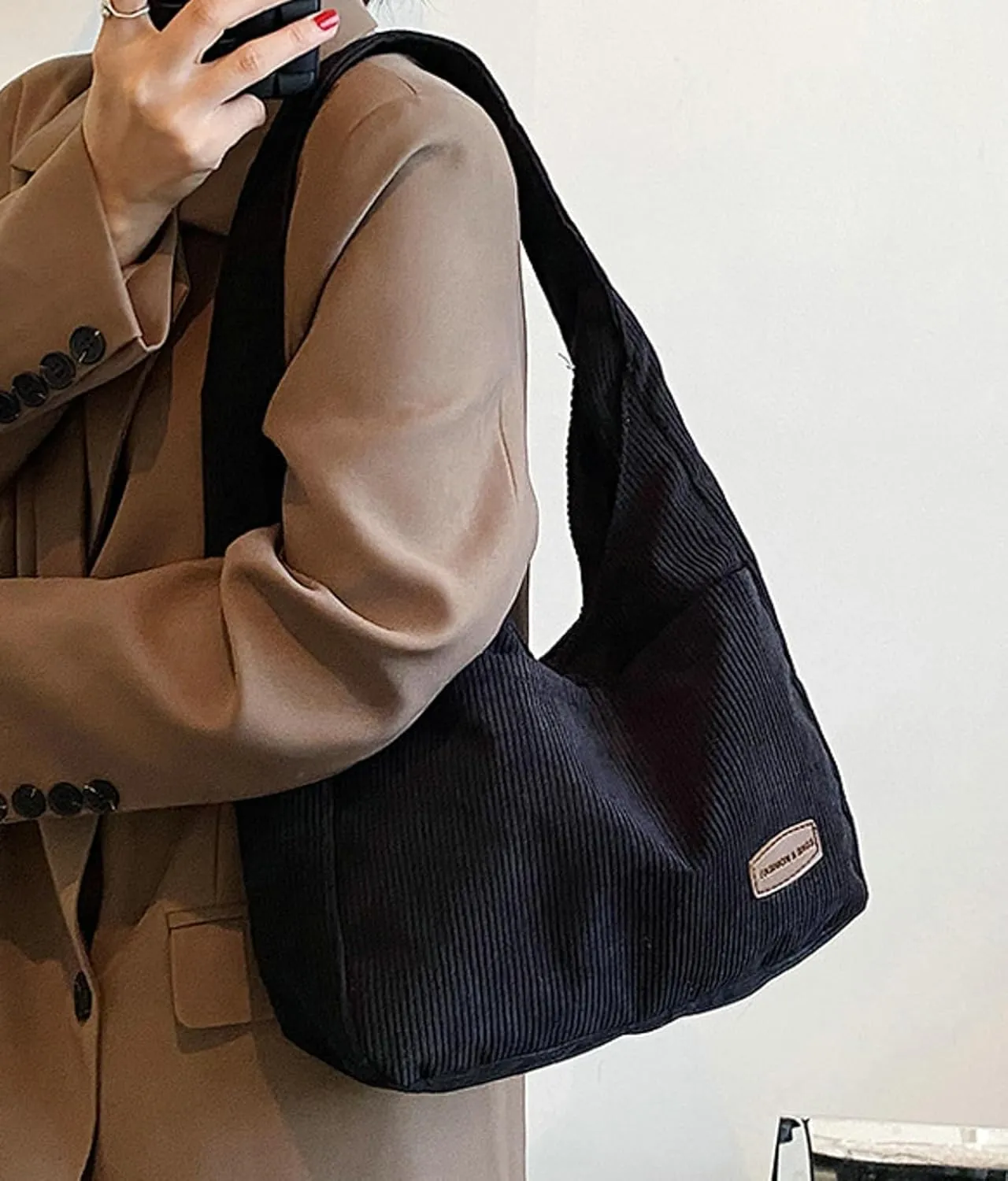 Corduroy Tote Bag Unisex Retro Handbag Multi Pocket Shoulder Work College Satchel Compartment Messenger Purse