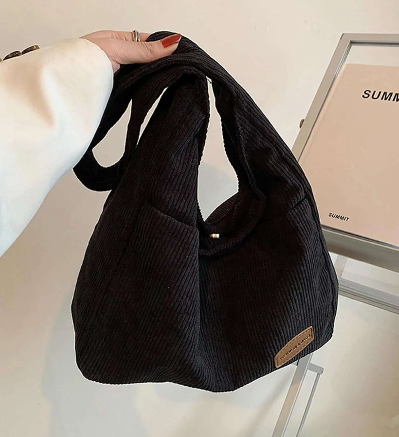 Corduroy Tote Bag Unisex Retro Handbag Multi Pocket Shoulder Work College Satchel Compartment Messenger Purse