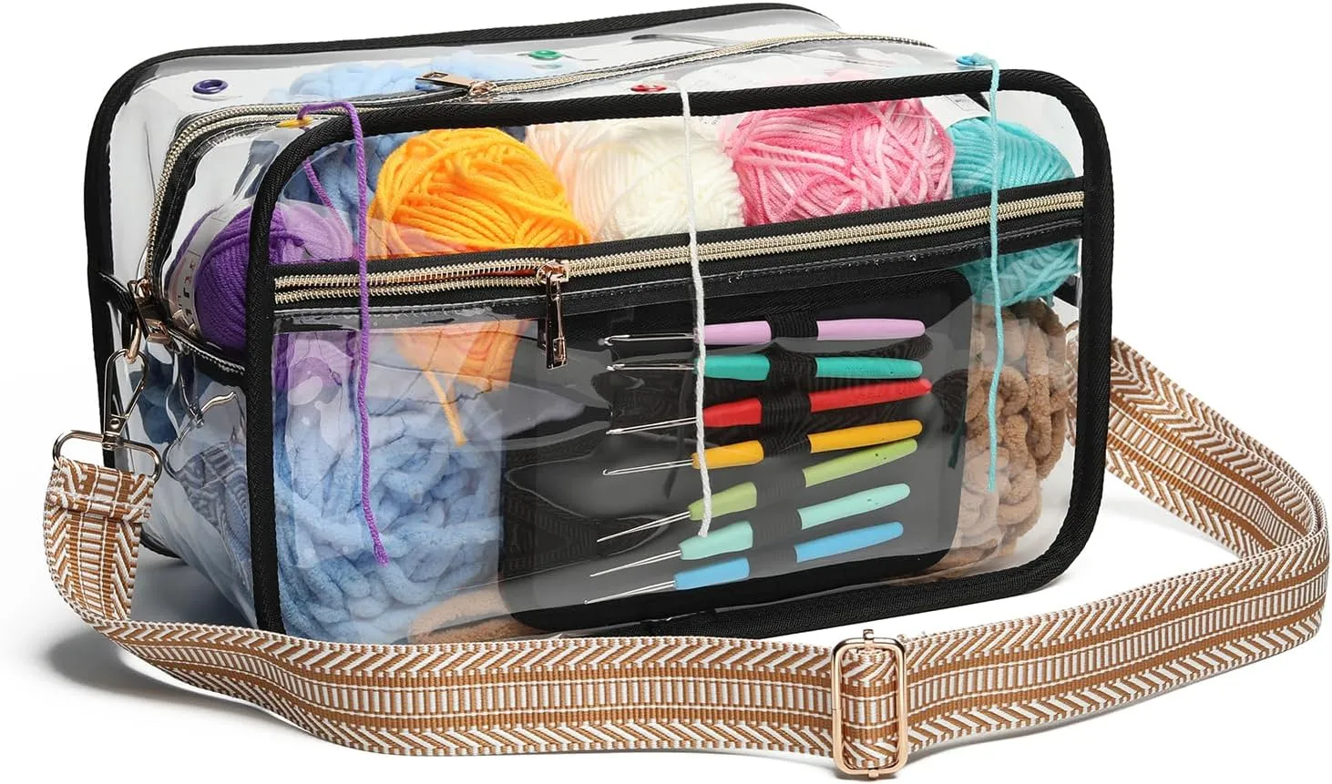 Crochet Bag - Transparent Yarn Storage - Yarn & Crochet Accessories Organizer, Gifts - Black & Striped Jacquard Shoulder Straps
