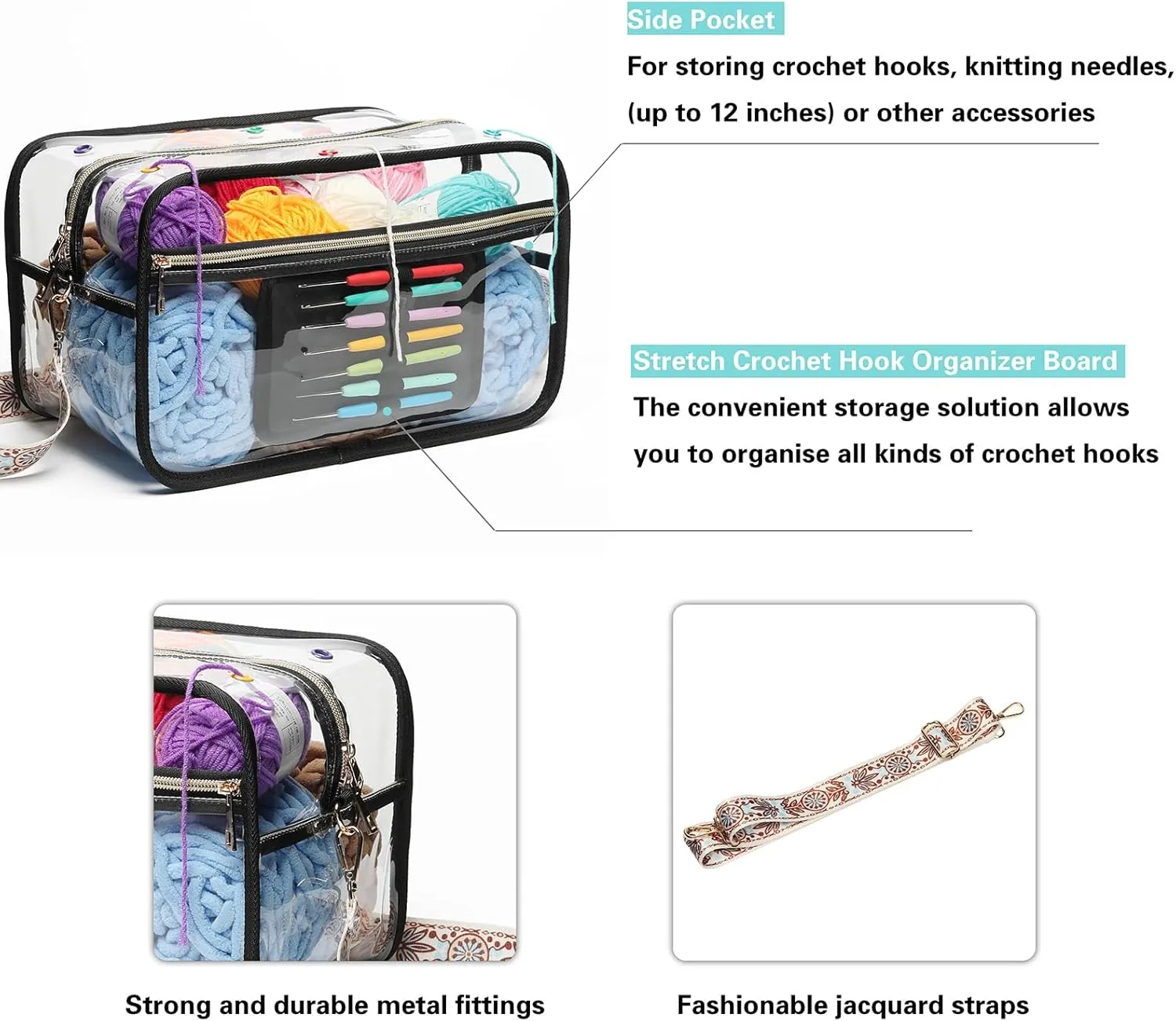 Crochet Bag - Transparent Yarn Storage - Yarn & Crochet Accessories Organizer, Gifts - Black & Striped Jacquard Shoulder Straps