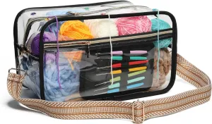 Crochet Bag - Transparent Yarn Storage - Yarn & Crochet Accessories Organizer, Gifts - Black & Striped Jacquard Shoulder Straps