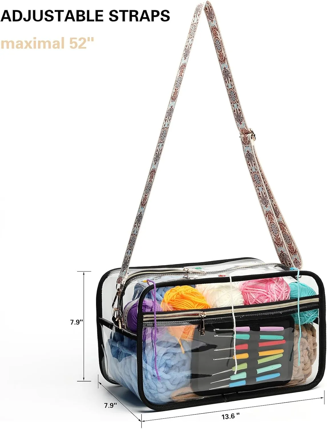 Crochet Bag - Transparent Yarn Storage - Yarn & Crochet Accessories Organizer, Gifts - Black & Striped Jacquard Shoulder Straps