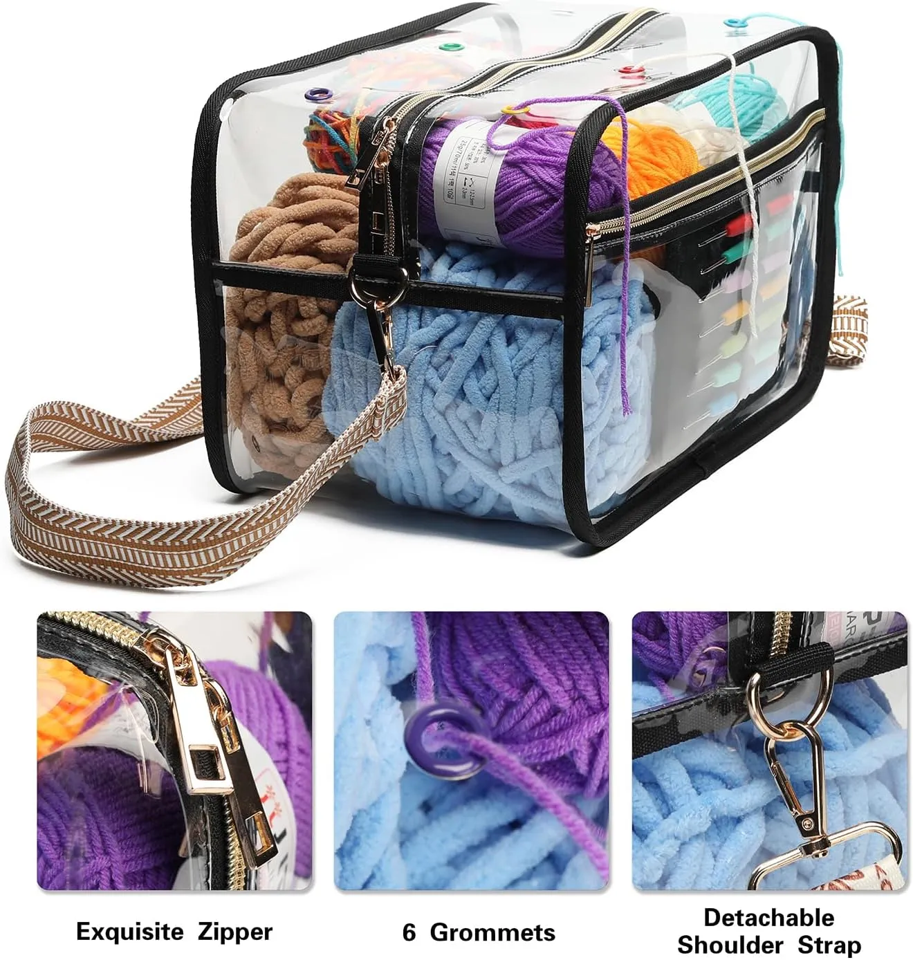Crochet Bag - Transparent Yarn Storage - Yarn & Crochet Accessories Organizer, Gifts - Black & Striped Jacquard Shoulder Straps