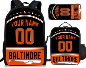 Custom Baltimore Backpack 3pcs Bag Set Laptop Bag Lunch Bag Personalized Name Number Gifts for Boy Men Women