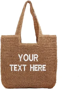 Custom Embroidery Straw Beach Bag with Your Text/Name,Personalized Women Woven Tote Bag,Handbag for Travel,Vacation