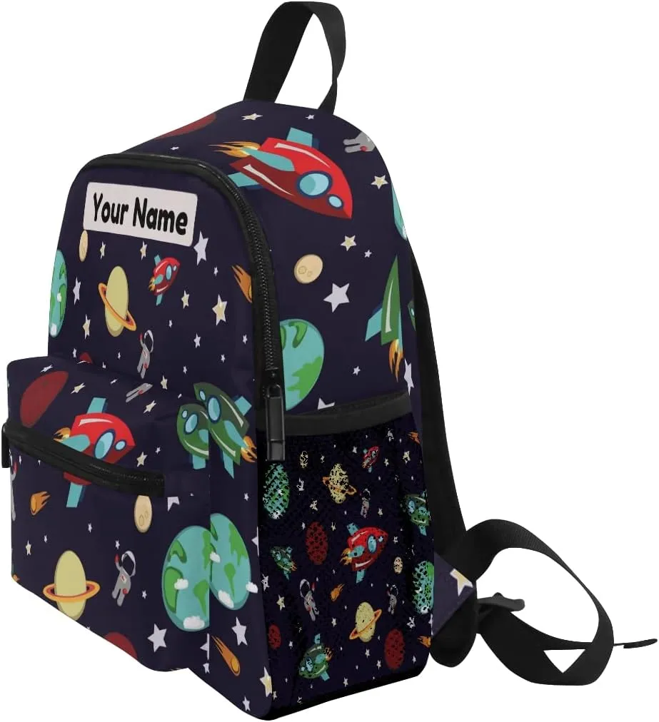 Custom Kids Back Pack Personalized Todder Backpack with Name Text Preschool Kindergarten Book Bag Practical and Durable Daycare Bag for Travel,Toys (Outer Space Rocket Planets Star Astronaut)