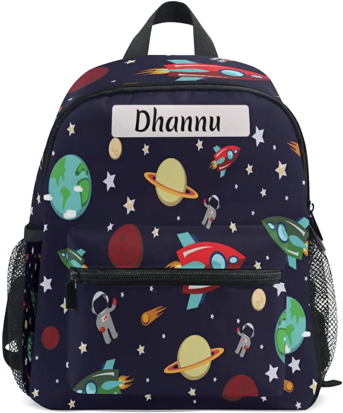 Custom Kids Back Pack Personalized Todder Backpack with Name Text Preschool Kindergarten Book Bag Practical and Durable Daycare Bag for Travel,Toys (Outer Space Rocket Planets Star Astronaut)