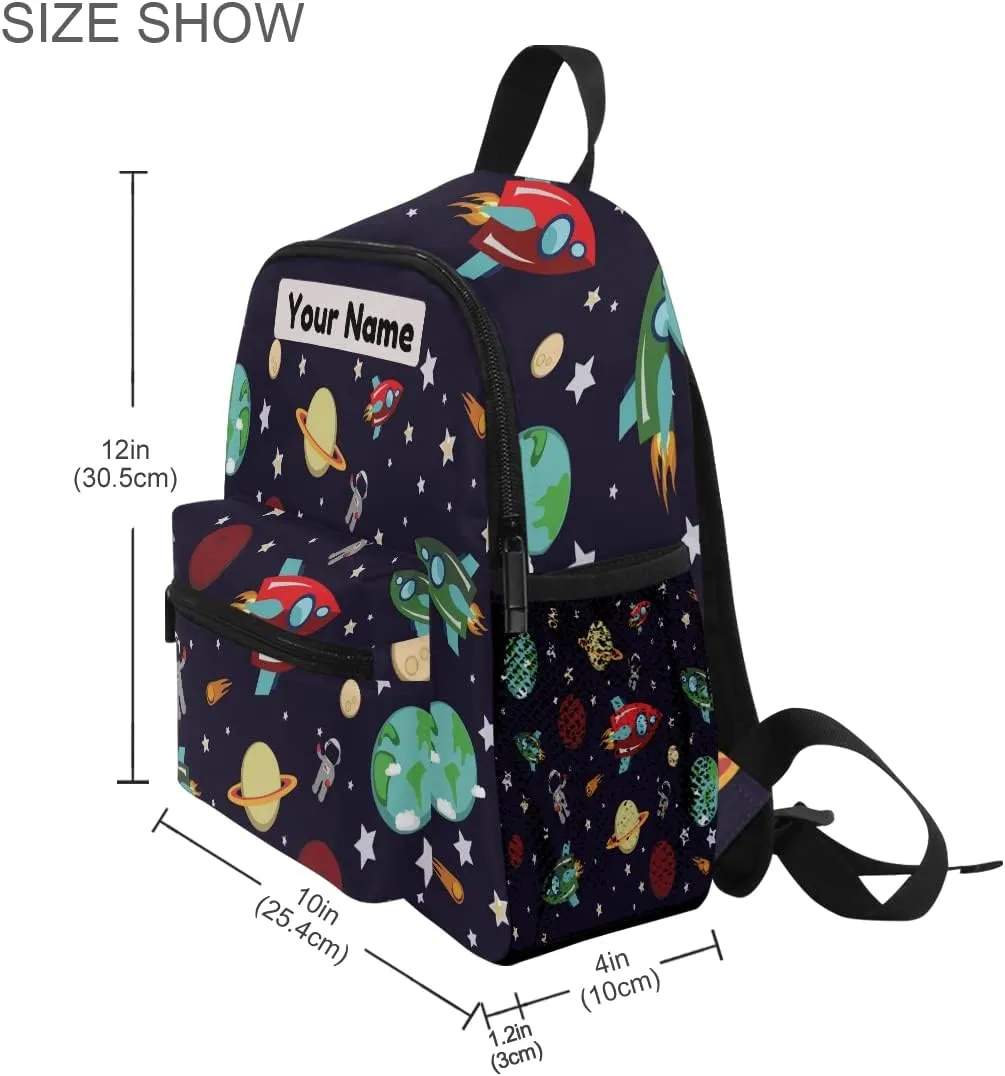 Custom Kids Back Pack Personalized Todder Backpack with Name Text Preschool Kindergarten Book Bag Practical and Durable Daycare Bag for Travel,Toys (Outer Space Rocket Planets Star Astronaut)