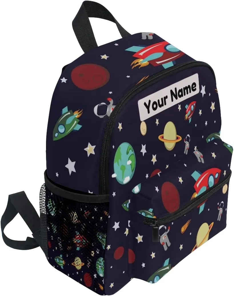 Custom Kids Back Pack Personalized Todder Backpack with Name Text Preschool Kindergarten Book Bag Practical and Durable Daycare Bag for Travel,Toys (Outer Space Rocket Planets Star Astronaut)