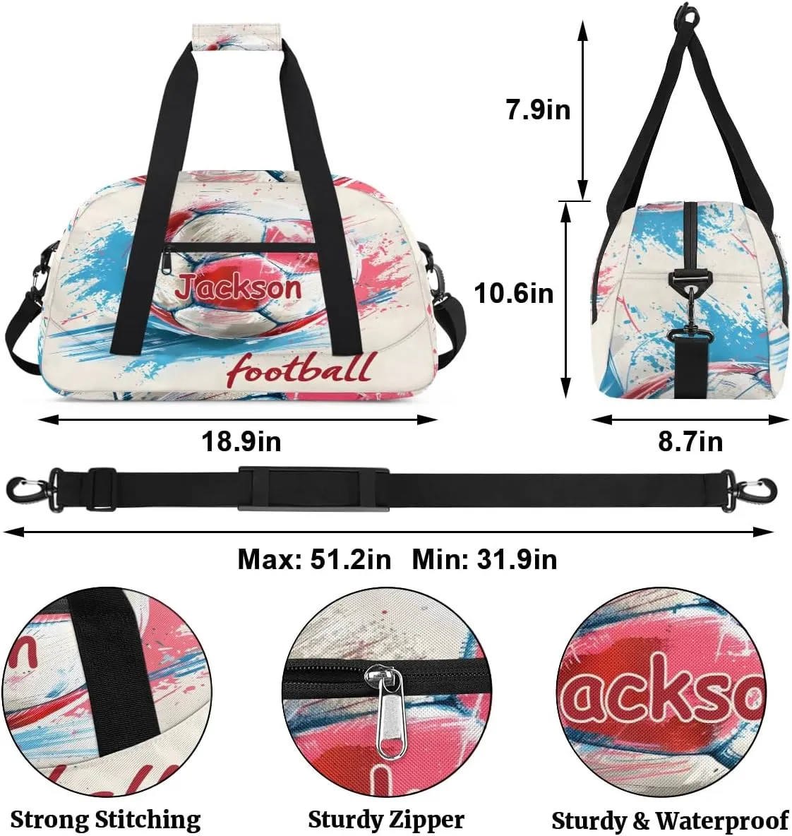 Customized Duffel Bag for Travel Sports Bag for Kids Gym Bag Small Dance Tote As Gifts for Girls and Boys Football Red