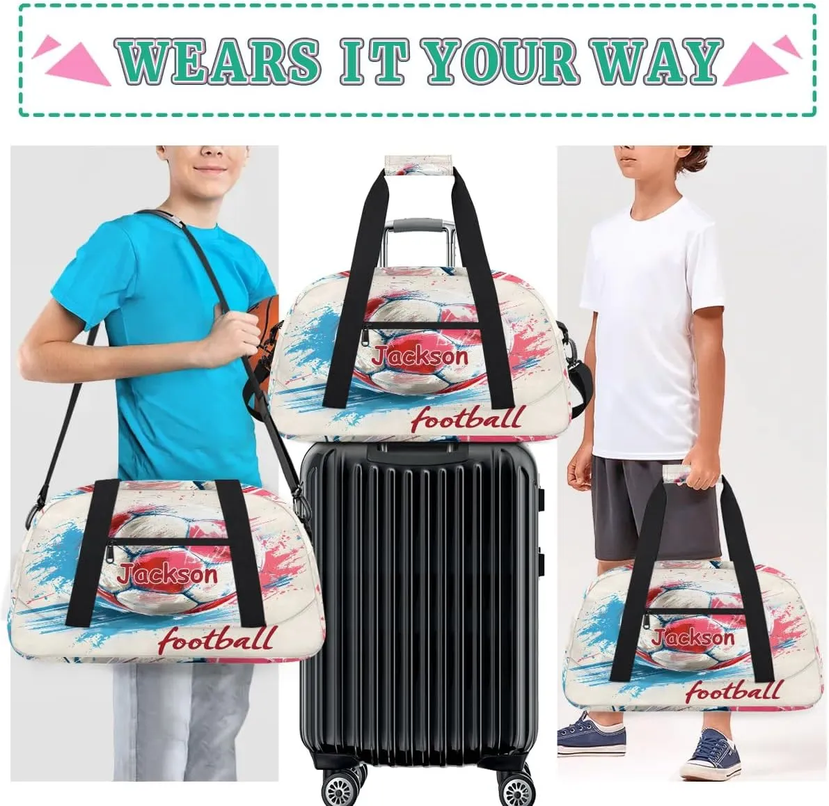 Customized Duffel Bag for Travel Sports Bag for Kids Gym Bag Small Dance Tote As Gifts for Girls and Boys Football Red