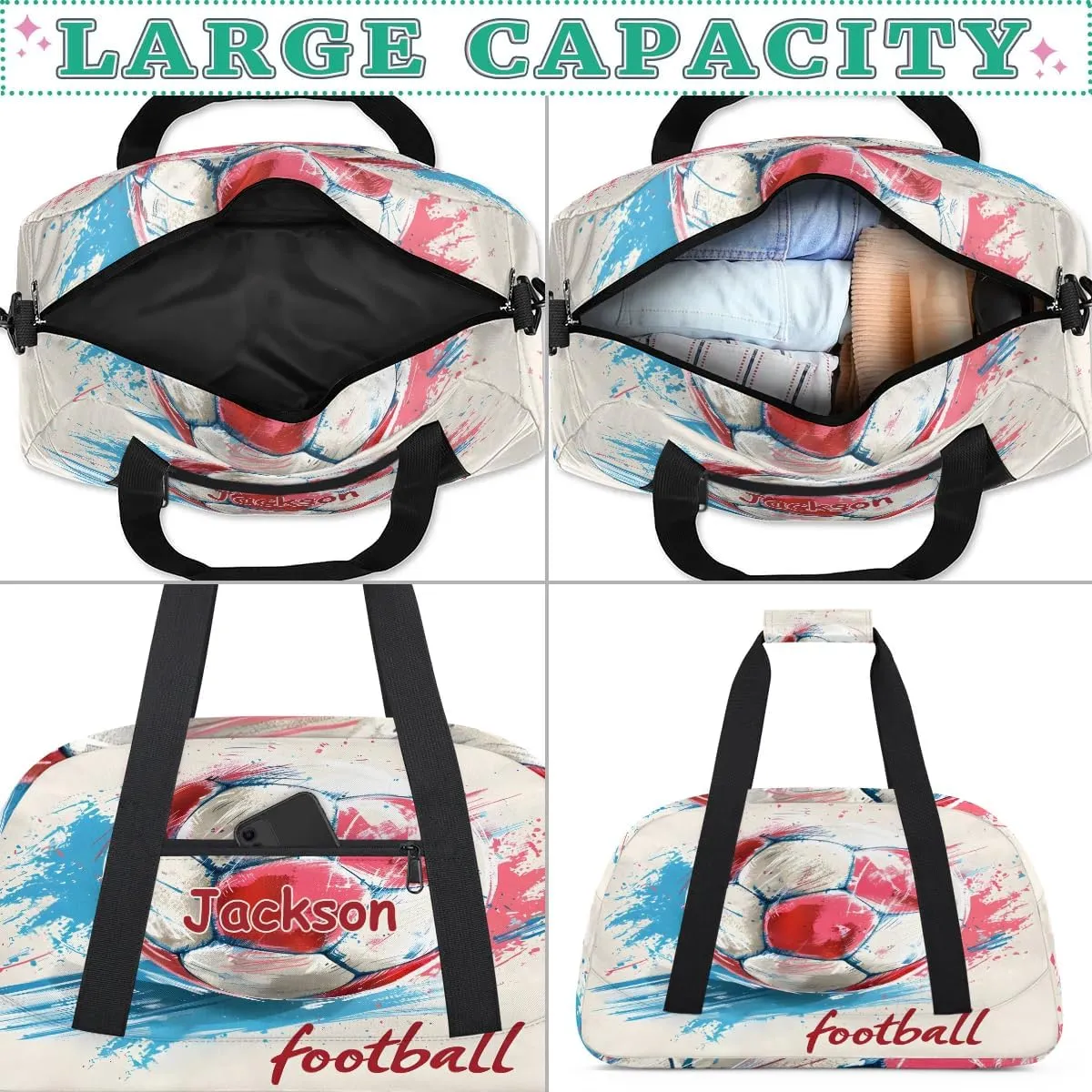 Customized Duffel Bag for Travel Sports Bag for Kids Gym Bag Small Dance Tote As Gifts for Girls and Boys Football Red
