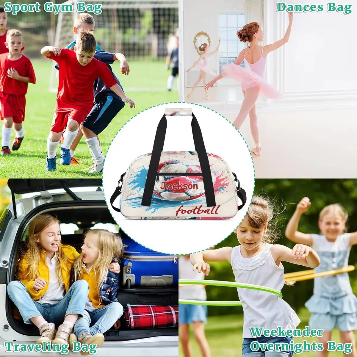 Customized Duffel Bag for Travel Sports Bag for Kids Gym Bag Small Dance Tote As Gifts for Girls and Boys Football Red