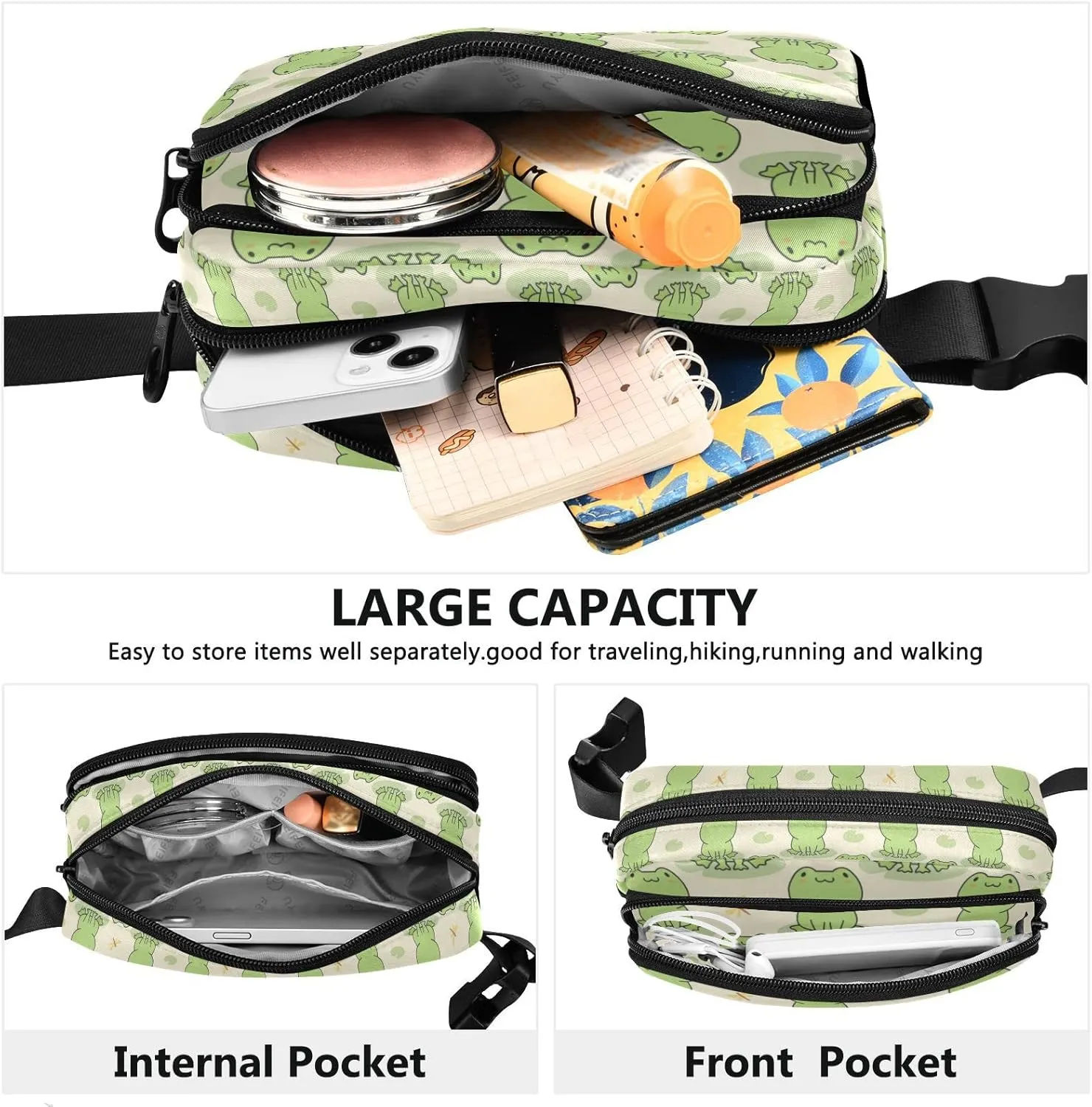 Cute Frog Fanny Packs for Women Men Belt Bag with Adjustable Strap Fashion Waist Packs Crossbody Bag Waist Pouch for Travel