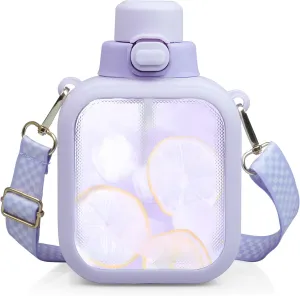 Cute Water Bottle, 24oz Kawaii Square Water Bottle with Straw & Adjustable Strap, Leak-Proof, Portable, Light Weight, Safe PC Plastic Drinking Cup for Girls (Purple)