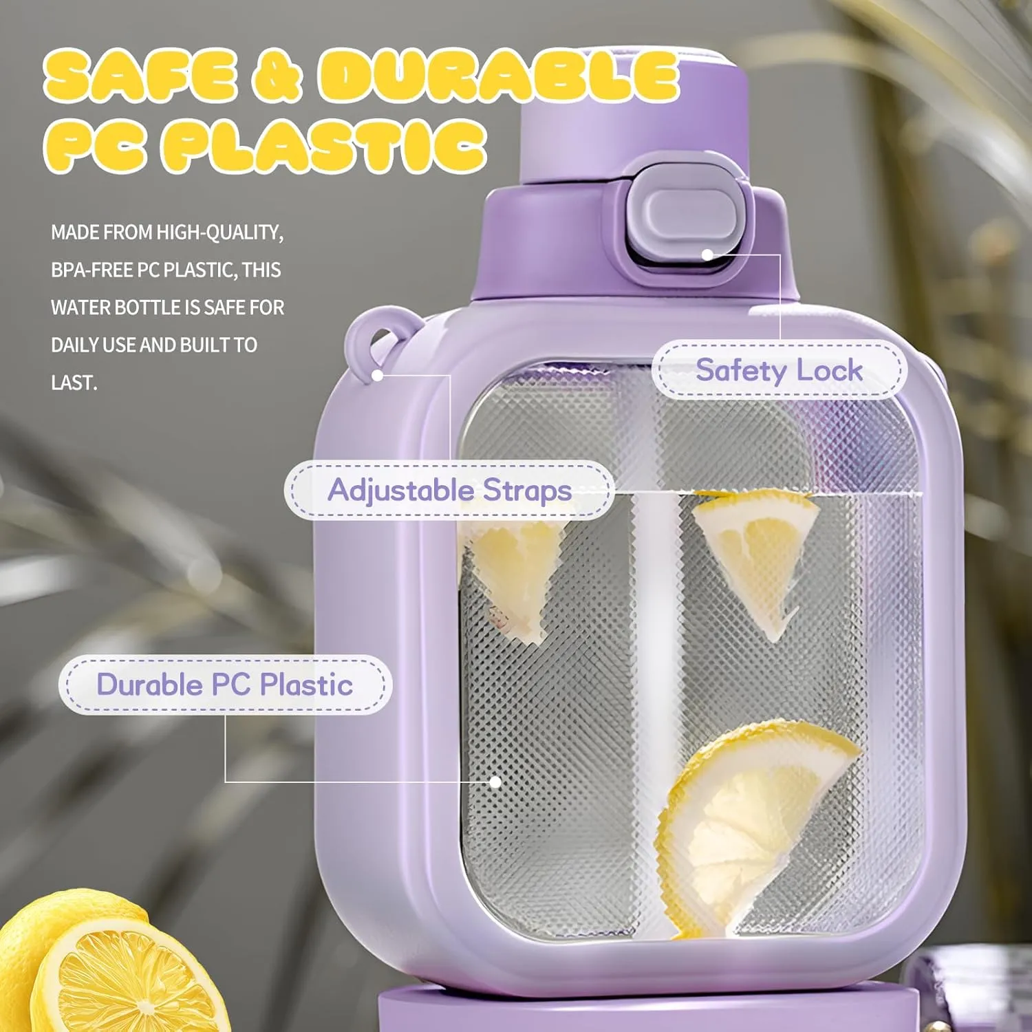 Cute Water Bottle, 24oz Kawaii Square Water Bottle with Straw & Adjustable Strap, Leak-Proof, Portable, Light Weight, Safe PC Plastic Drinking Cup for Girls (Purple)