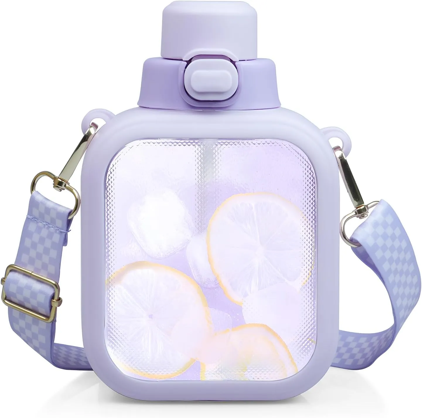 Cute Water Bottle, 24oz Kawaii Square Water Bottle with Straw & Adjustable Strap, Leak-Proof, Portable, Light Weight, Safe PC Plastic Drinking Cup for Girls (Purple)