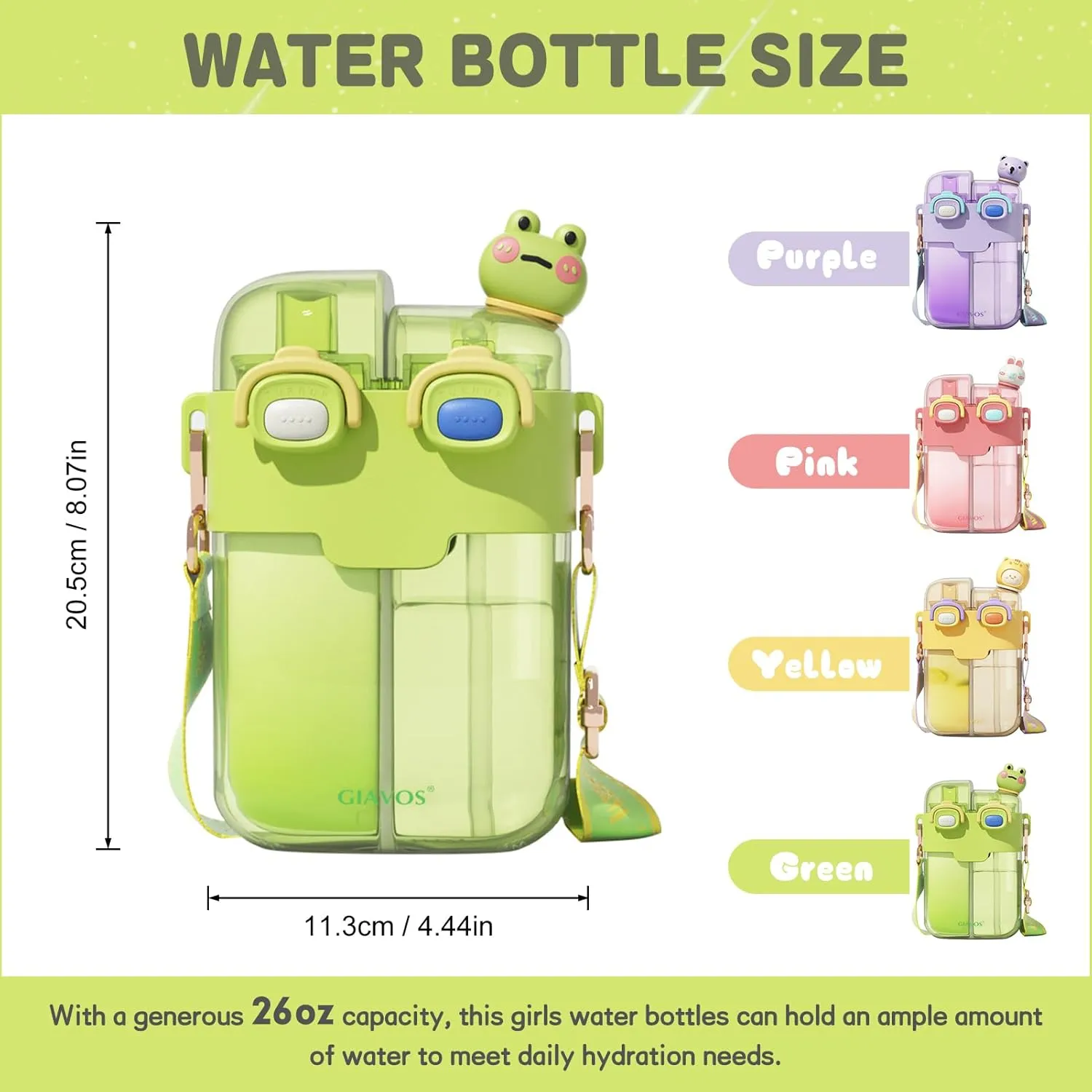 Cute Water Bottle for Girls, 26oz Kawaii Water Bottle with Compartment, Kids Bottles with Straw and Strap, BPA-Free, Leak-Proof Plastic Drinking Cup, Gift for Kids & Girls (Pink)