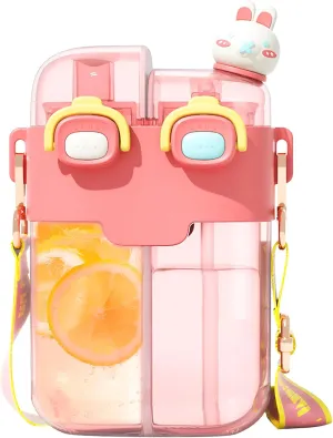 Cute Water Bottle for Girls, 26oz Kawaii Water Bottle with Compartment, Kids Bottles with Straw and Strap, BPA-Free, Leak-Proof Plastic Drinking Cup, Gift for Kids & Girls (Pink)