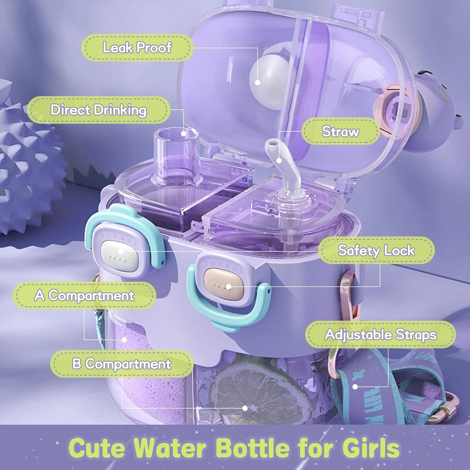 Cute Water Bottle for Girls, 26oz Kawaii Water Bottle with Compartment, Kids Bottles with Straw and Strap, BPA-Free, Leak-Proof Plastic Drinking Cup, Gift for Kids & Girls (Purple)