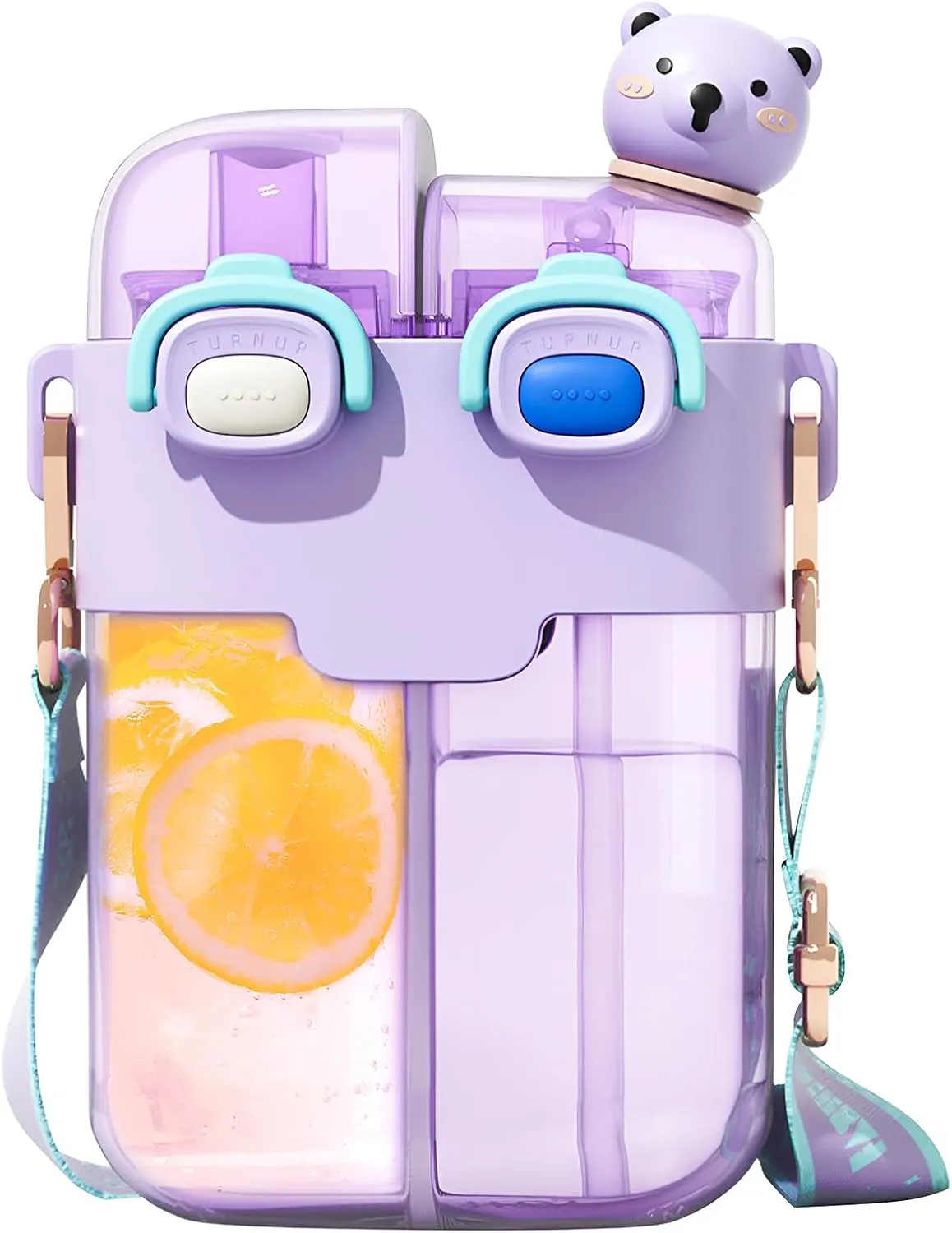 Cute Water Bottle for Girls, 26oz Kawaii Water Bottle with Compartment, Kids Bottles with Straw and Strap, BPA-Free, Leak-Proof Plastic Drinking Cup, Gift for Kids & Girls (Purple)