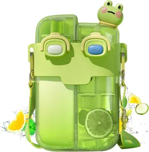 Cute Water Bottle Kawaii Water Bottle 26 Oz Kids Water Bottle Dual Chamber Water Bottle with Straw ＆ Adjustable Strap Leak Proof Water Jug for Girls School Outdoor Sports Travel Green