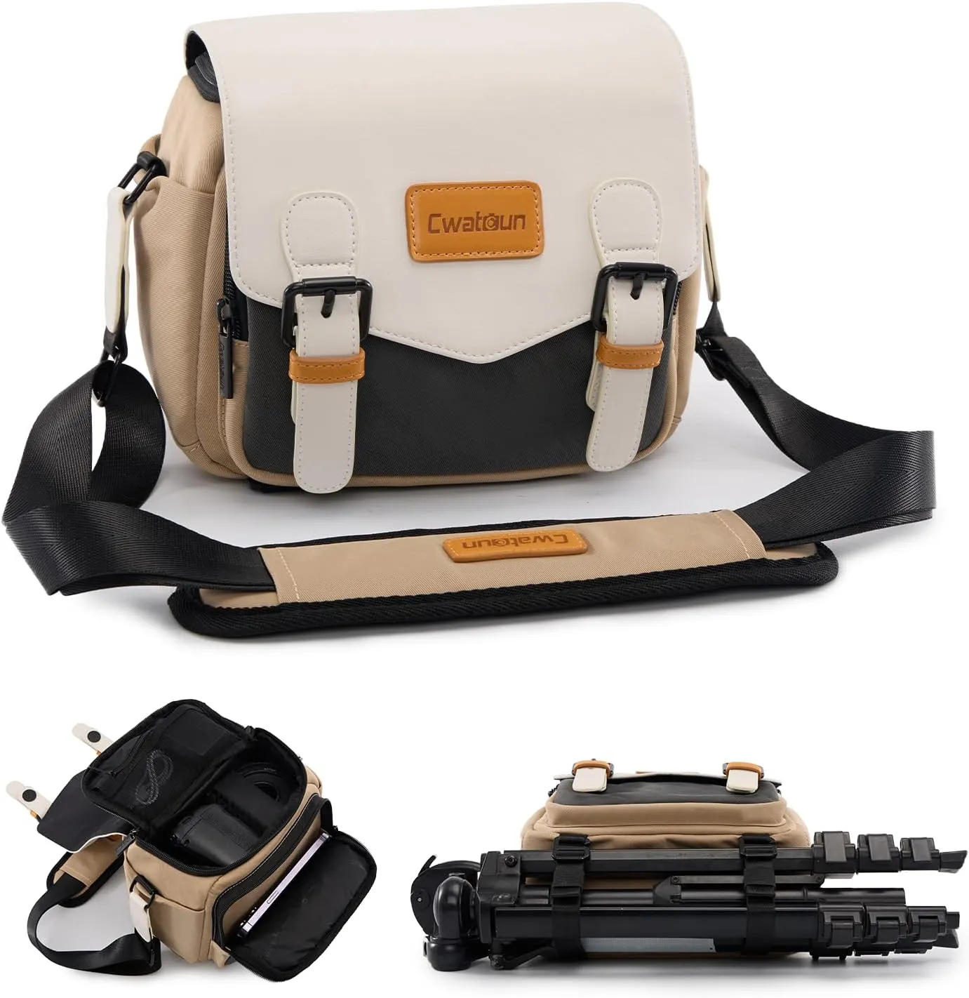 Cwatcun Camera Shoulder Bag Compact Camera Case, Small Waterproof Camera Messenger Bag with Tripod Holder, Travel Photography Bag for Canon, Nikon, Sony, Fuji DSLR/SLR/Mirrorless Camera, Lens