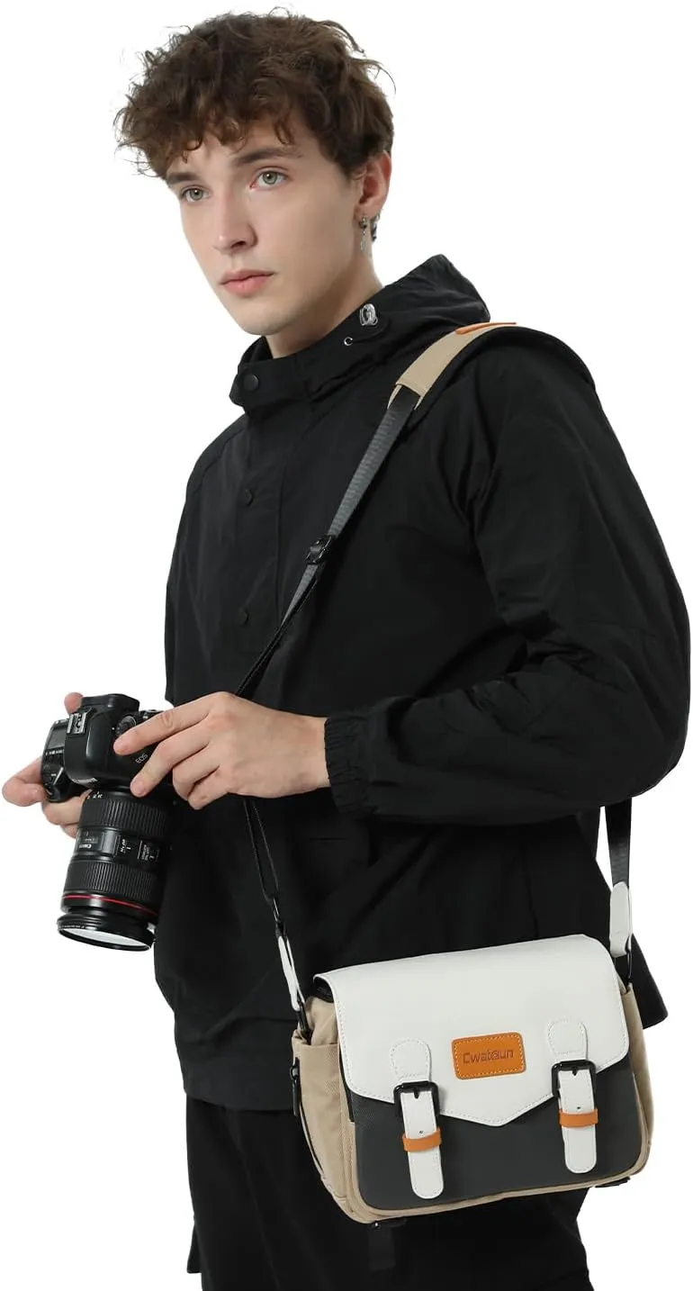 Cwatcun Camera Shoulder Bag Compact Camera Case, Small Waterproof Camera Messenger Bag with Tripod Holder, Travel Photography Bag for Canon, Nikon, Sony, Fuji DSLR/SLR/Mirrorless Camera, Lens