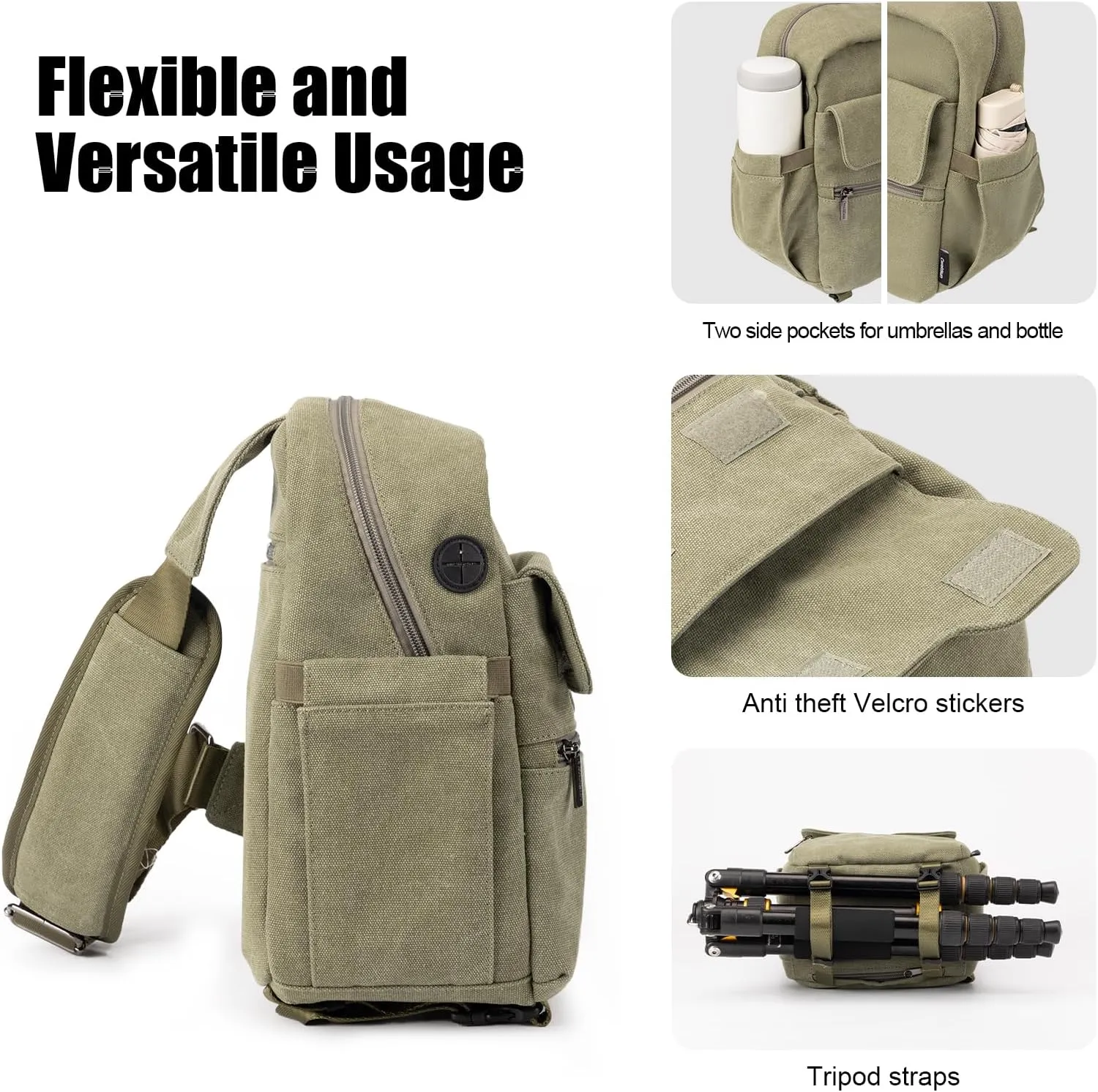 Cwatcun Camera Sling Bag Compact Large Camera Case, Waterproof Canvas Crossbody Camera Bag with Rain Cover, Travel Photography Bag for Canon Nikon Sony Fuji DSLR/SLR/Mirrorless Cameras, Lens, Green
