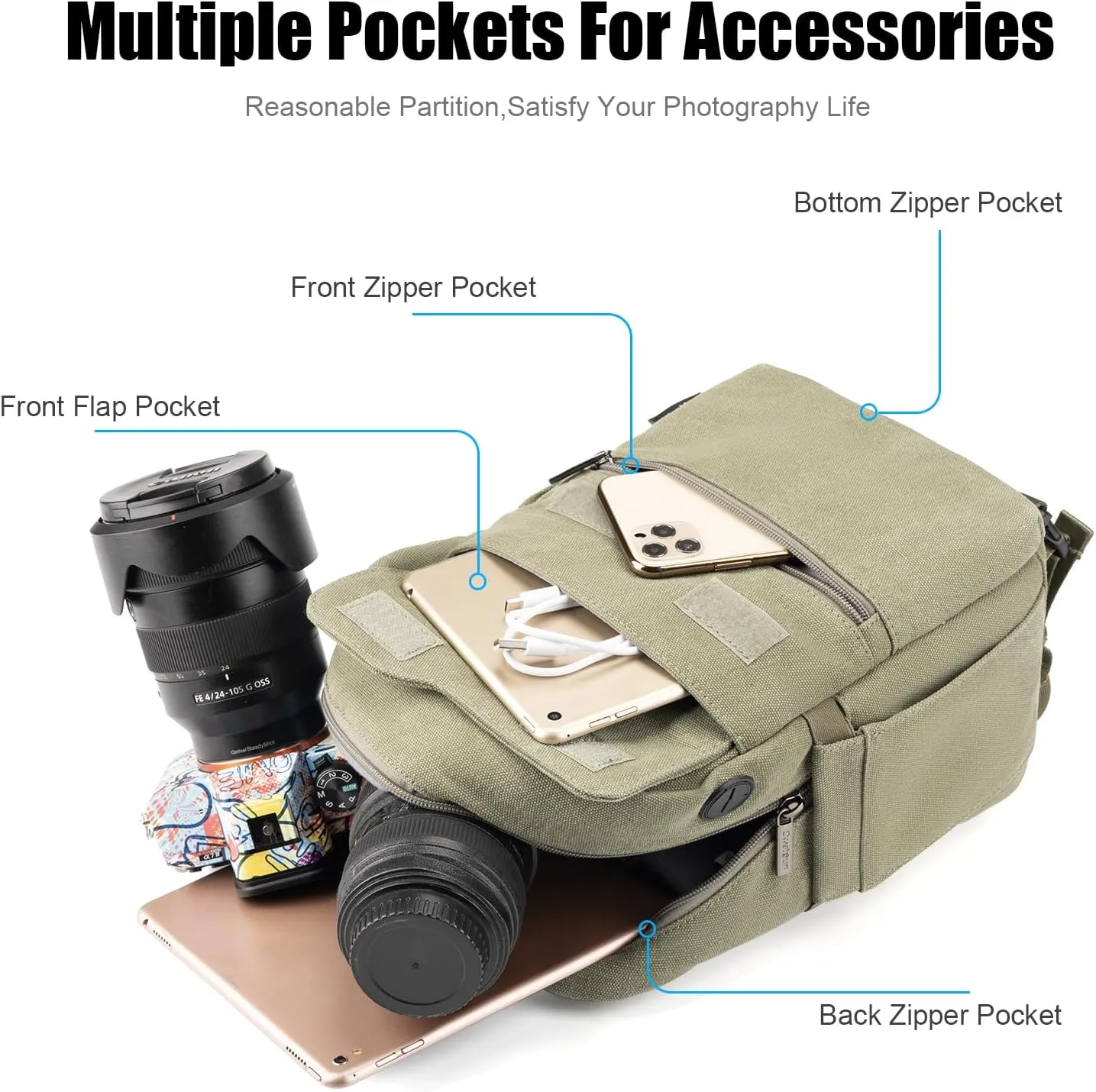 Cwatcun Camera Sling Bag Compact Large Camera Case, Waterproof Canvas Crossbody Camera Bag with Rain Cover, Travel Photography Bag for Canon Nikon Sony Fuji DSLR/SLR/Mirrorless Cameras, Lens, Green