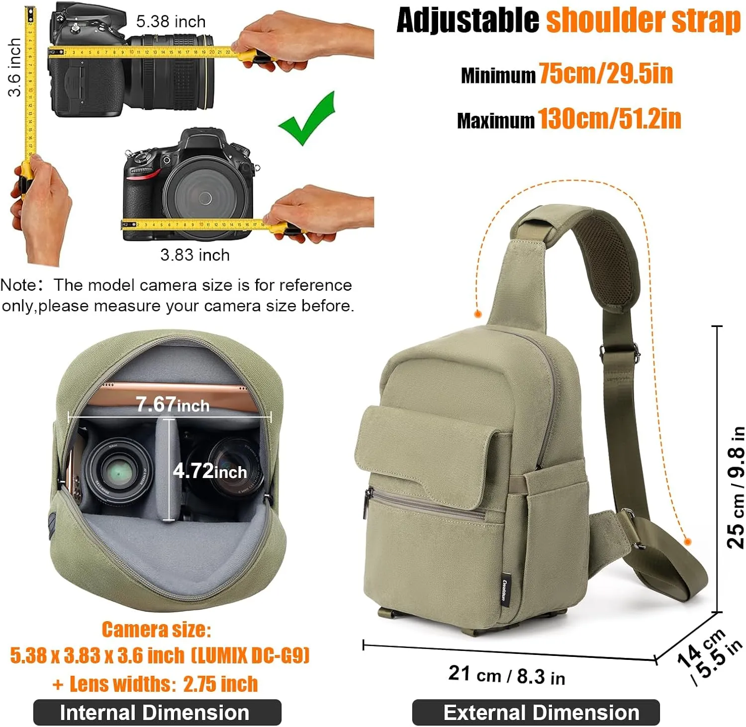 Cwatcun Camera Sling Bag Compact Large Camera Case, Waterproof Canvas Crossbody Camera Bag with Rain Cover, Travel Photography Bag for Canon Nikon Sony Fuji DSLR/SLR/Mirrorless Cameras, Lens, Green