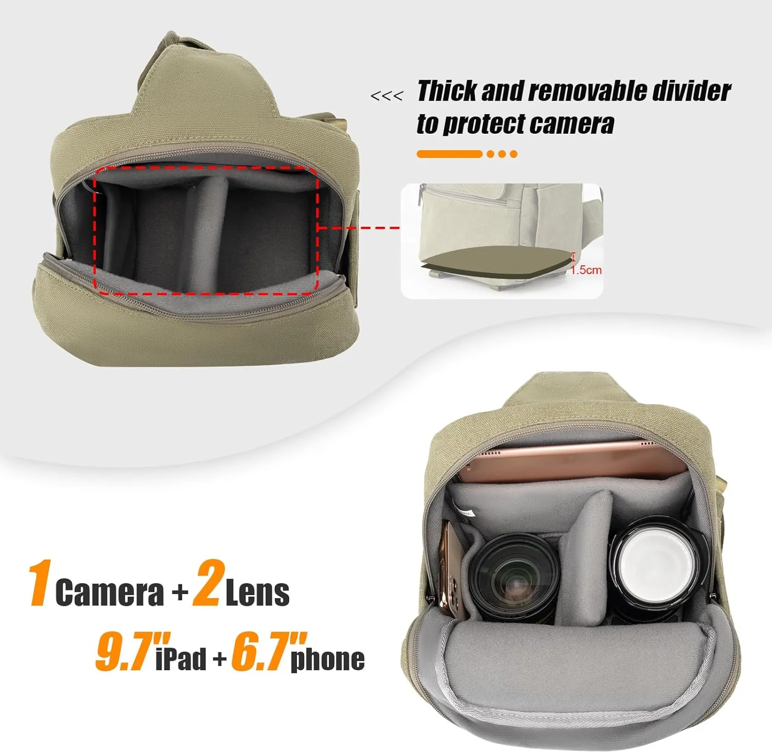 Cwatcun Camera Sling Bag Compact Large Camera Case, Waterproof Canvas Crossbody Camera Bag with Rain Cover, Travel Photography Bag for Canon Nikon Sony Fuji DSLR/SLR/Mirrorless Cameras, Lens, Green