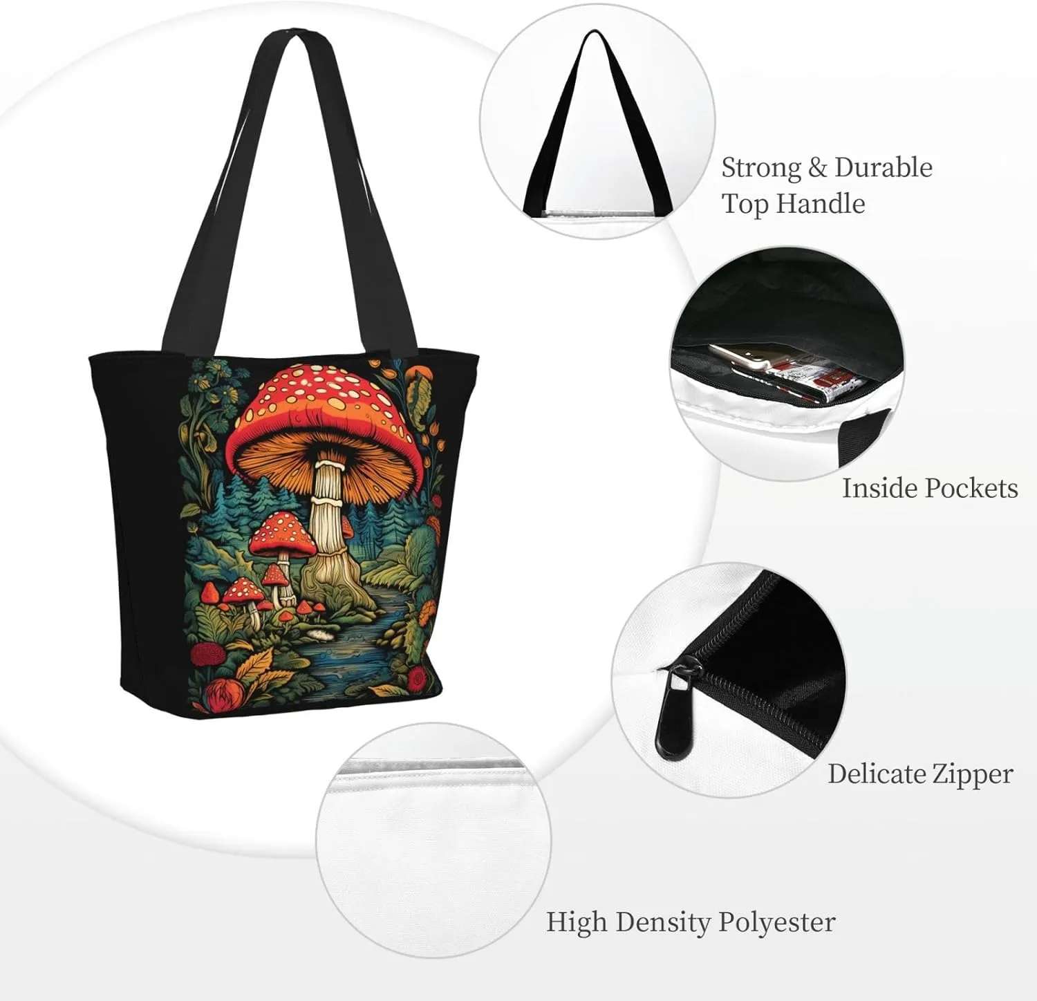 DADABULIU Tote Bag Reusable Grocery Bag Shoulder Bags with Zipper for Travel Beach Shopping Work Over 12 Years Old