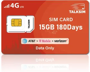 Data SIM Card 15GB 180Days Support AT&T, Verizon and T-Mobile, 4G LTE Prepaid USA SIM Compatible with Unlocked Security Camera/Mobile WiFi Hotspot/Tablet/Router iot Devices