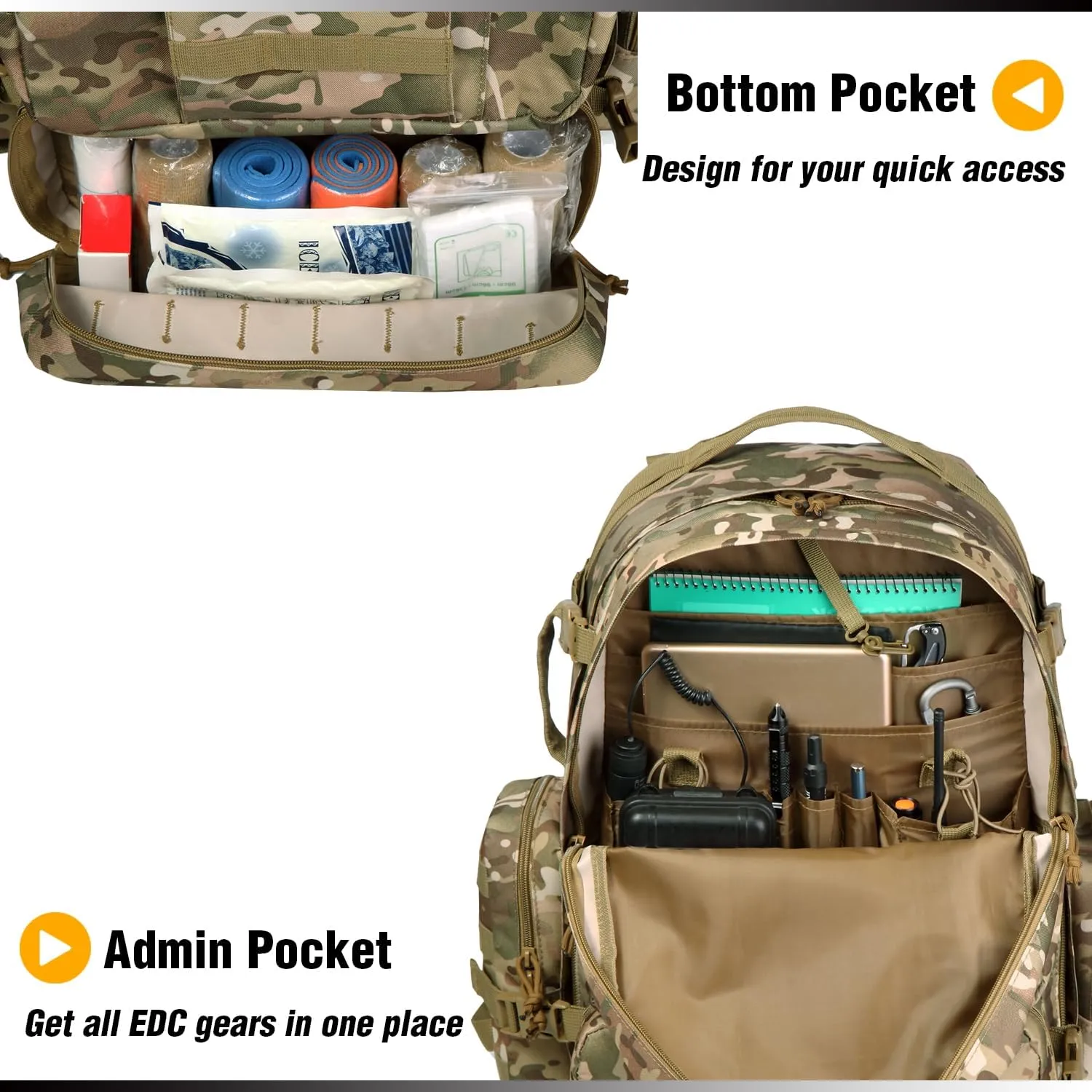 DBTAC Tactical Backpack 50L Large Army 3-DAYS Assault Pack Molle Bag for Outdoor Hiking/Travel/Work (CP Camo)