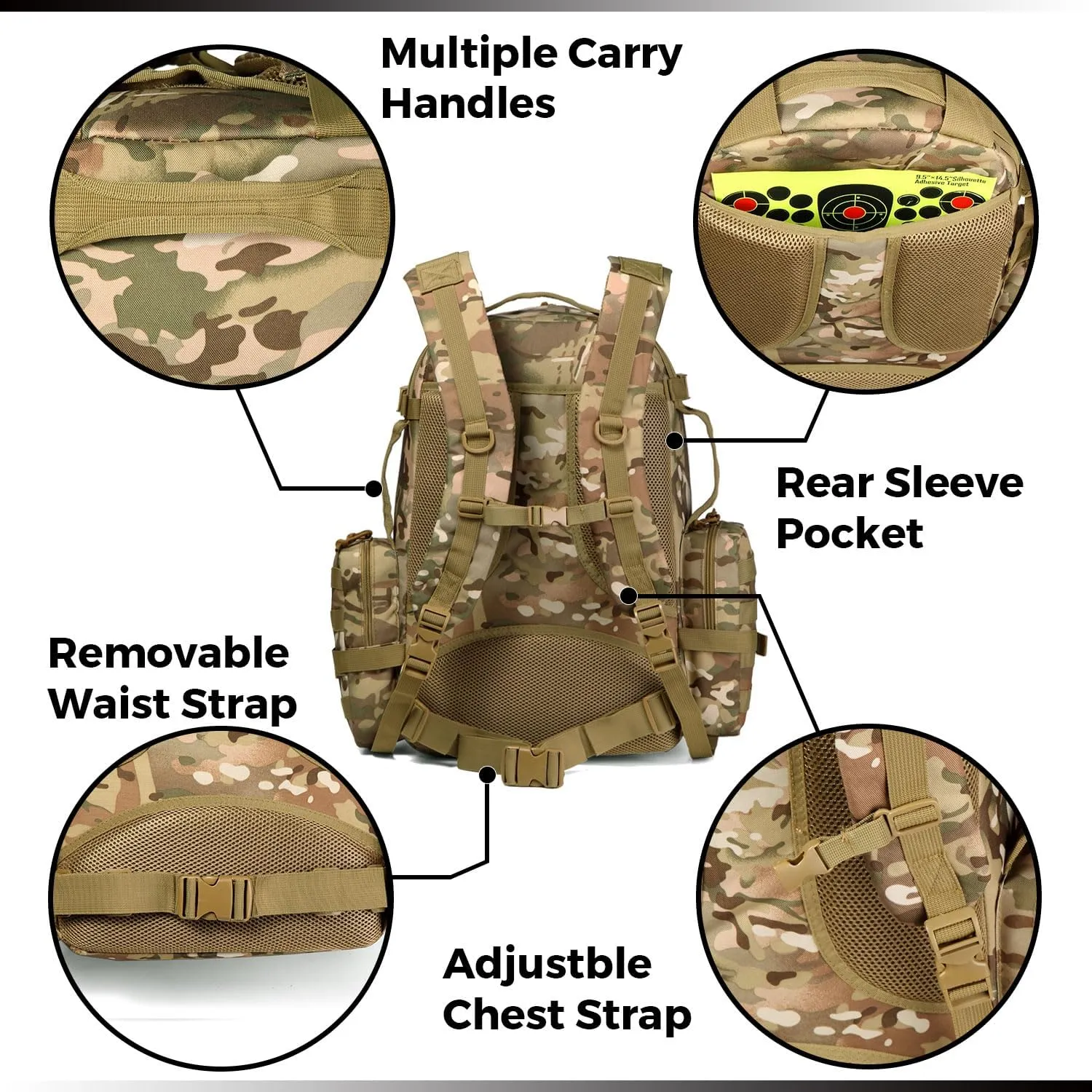 DBTAC Tactical Backpack 50L Large Army 3-DAYS Assault Pack Molle Bag for Outdoor Hiking/Travel/Work (CP Camo)