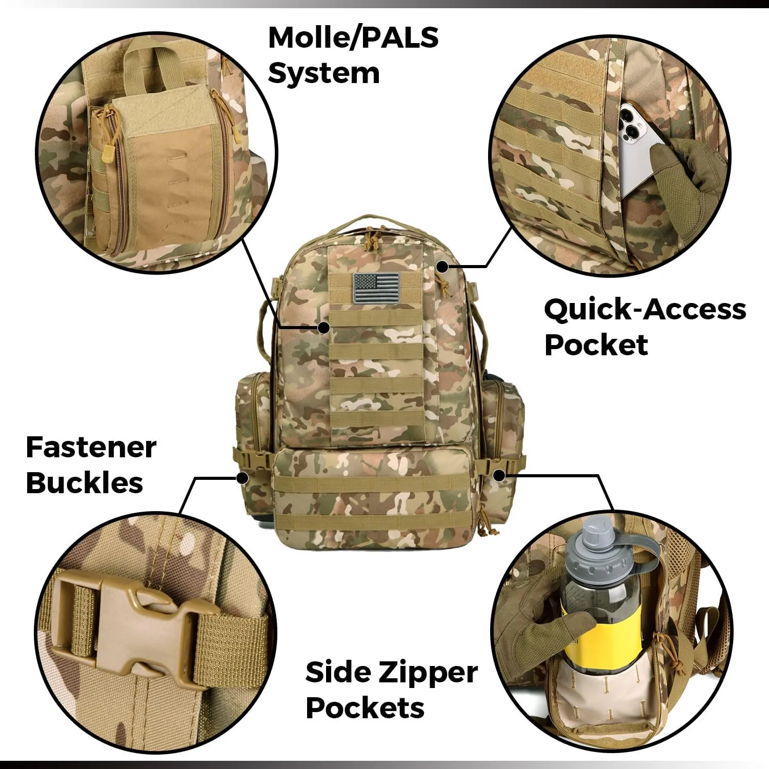 DBTAC Tactical Backpack 50L Large Army 3-DAYS Assault Pack Molle Bag for Outdoor Hiking/Travel/Work (CP Camo)