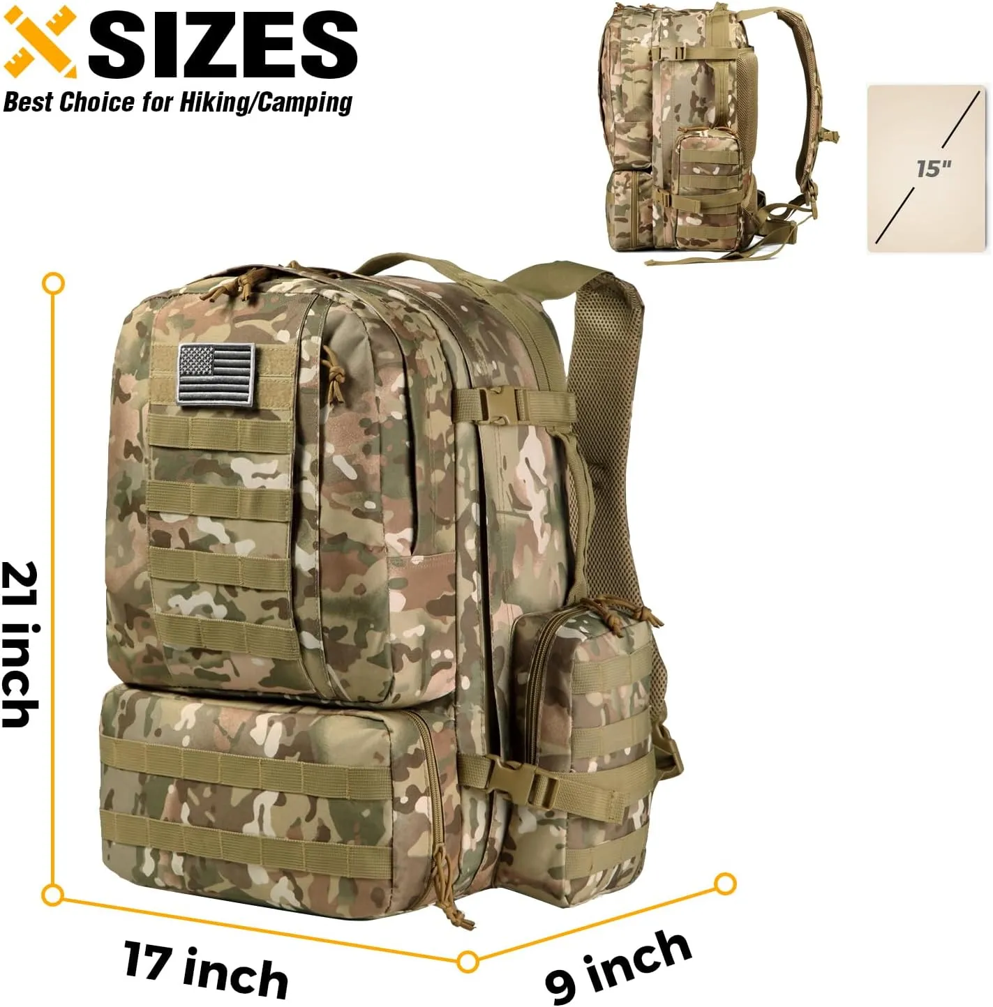 DBTAC Tactical Backpack 50L Large Army 3-DAYS Assault Pack Molle Bag for Outdoor Hiking/Travel/Work (CP Camo)