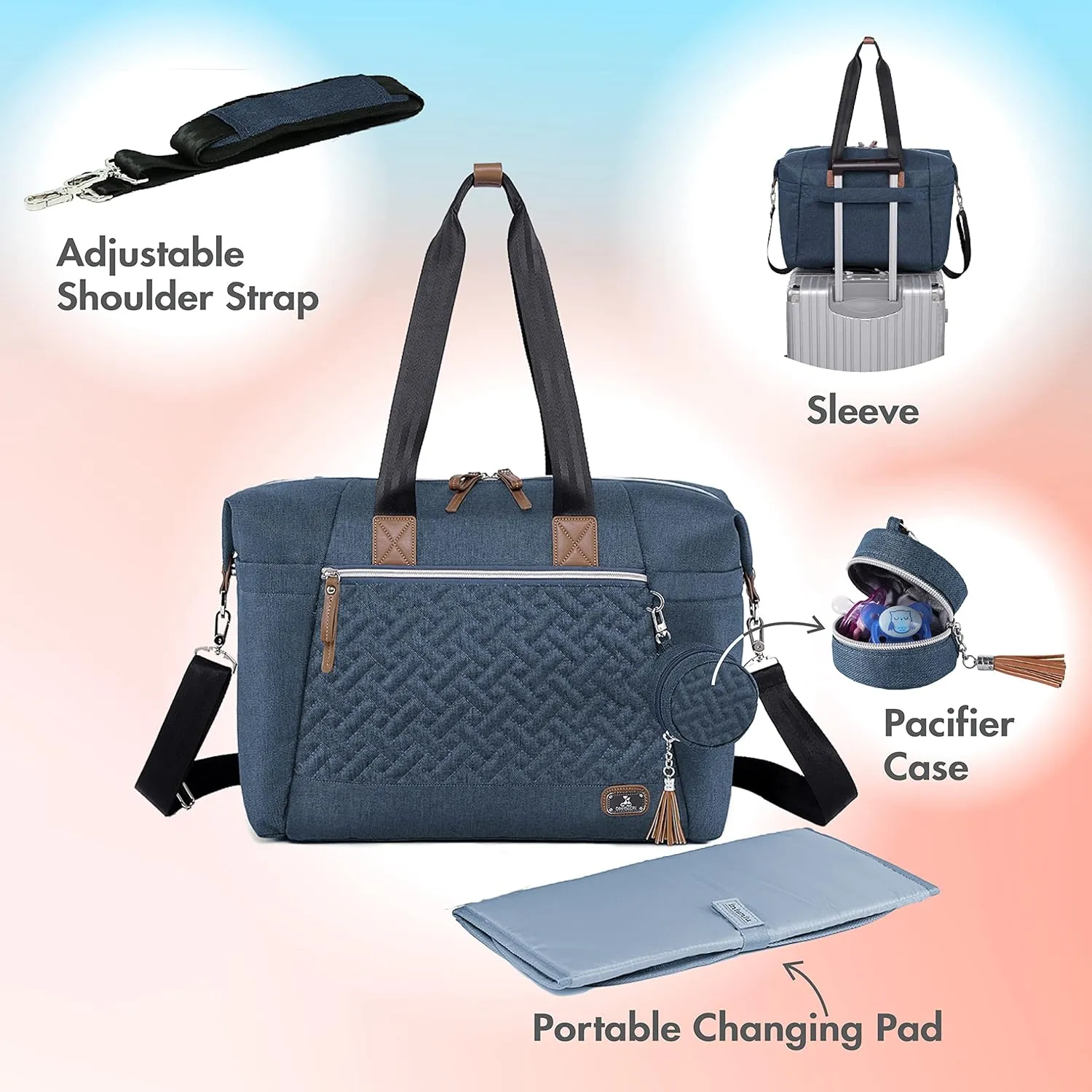 Dikaslon Diaper Bag Tote, Large Travel diaper tote for Mom and Dad, Multifunction baby tote bag for Boys and Girls with Pacifier Case and Changing Pad, Navy Blue