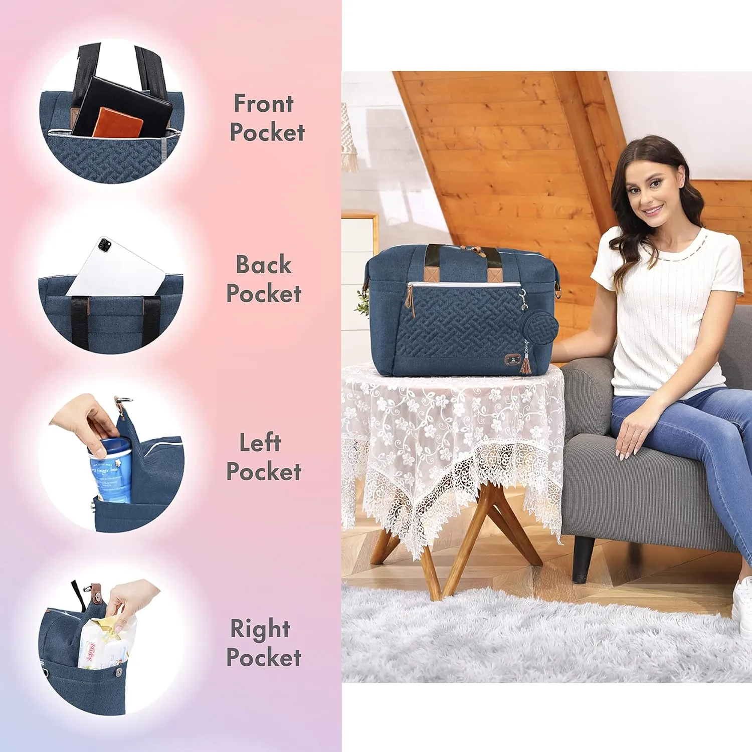 Dikaslon Diaper Bag Tote, Large Travel diaper tote for Mom and Dad, Multifunction baby tote bag for Boys and Girls with Pacifier Case and Changing Pad, Navy Blue