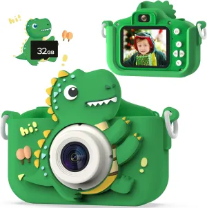 Dinosaur Kids Camera, HD Selfie Toddler Camera, Christmas Birthday Toys for Boys Girls Age 3-12 Years, Kid Digital Camera with 32GB Card, Dinosaur Toys for Kids 3 4 5 6 7 8 Years Old Gifts(Green)