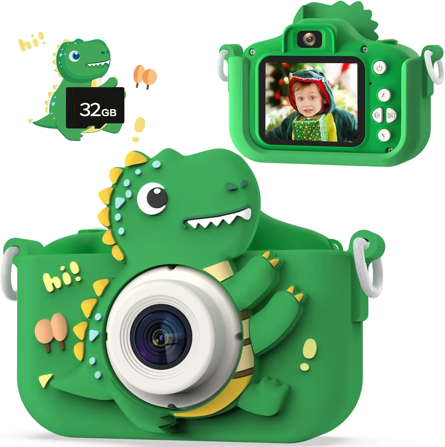 Dinosaur Kids Camera, HD Selfie Toddler Camera, Christmas Birthday Toys for Boys Girls Age 3-12 Years, Kid Digital Camera with 32GB Card, Dinosaur Toys for Kids 3 4 5 6 7 8 Years Old Gifts(Green)
