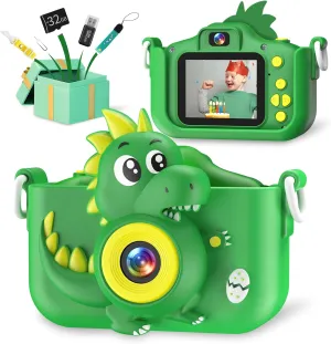 Dinosaur Kids Camera Toys, Camera for Kids with 32GB SD Card 1080P HD Kids Digital Camera Suitable for 3 4 5 6 7 8 9 Years Old Girls and Boys Gift Toys